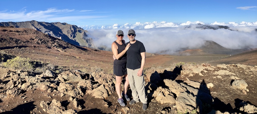 Larry and Nicole hiking Maui volcano